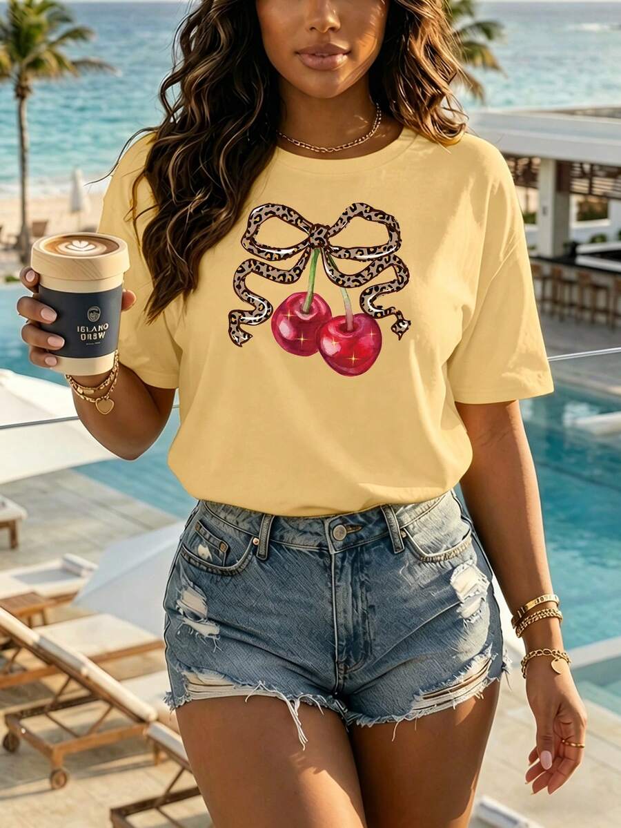 Camiseta oversize blanca para mujer con lazo de leopardo y cerezas, estilo chic y veraniego Camiseta informal de verano para mujer,Playera oversize con estampado animal print y cerezas - YH335-Amarillo - Ver 1