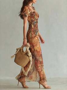 Vestido de Tul con Estampado Floral para Mujer, Vestido de Hombros Descubiertos y Abertura, Atuendo Boho para Vacaciones - Azul lavado medio - Ver 3
