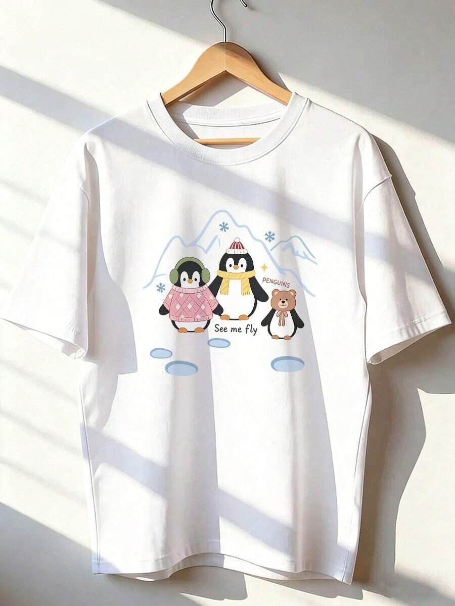 Camiseta de Manga Corta con Personajes Invernales,Camiseta de manga corta de moda para primavera y verano de 2026, hecha en México, 180 gramos. Estampado de dibujos animados, modelo de pareja, apta para uso interior o exterior. Cuello redondo, unisex, ideal para oficina y ocio. Paquete de una pieza. - WH-P631577SLNDXZGY434 - Ver 1