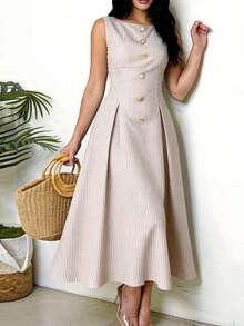 Vestido elegante sin mangas con decoración de sol de metal con estampado de lunares para mujer - Albaricoque - Ver 6