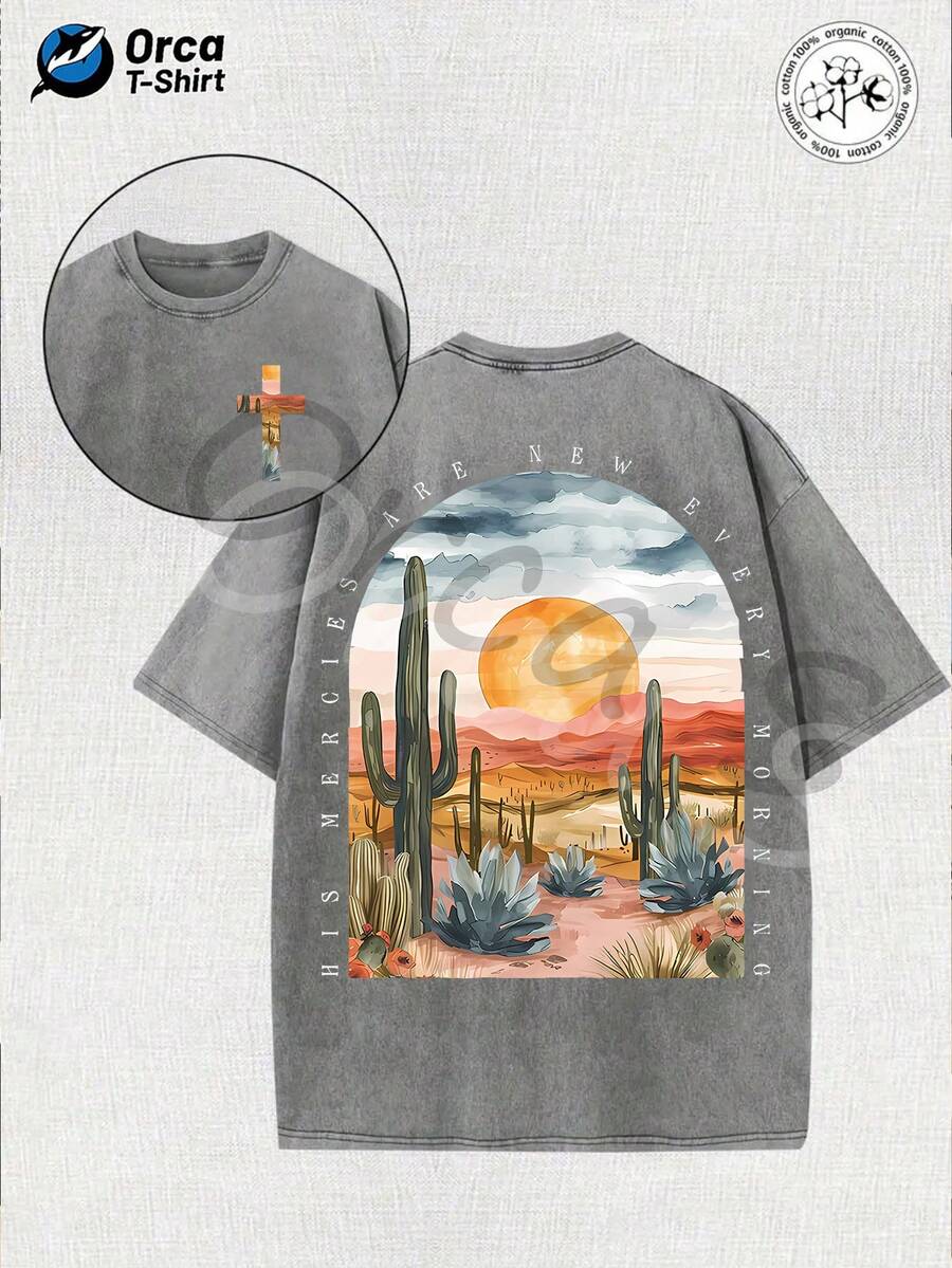 Camiseta de mujer con estampado de cactus del desierto y texto "morning grace", camiseta de moda de algodón lavado de alta calidad de la marca Orca S, camiseta unisex, una opción popular para el uso diario, adecuada como regalo para familiares y amigos en el Día de San Patricio, Pascua, Carnaval, Día de la Madre, Día de la Independencia y otros días festivos. Informal. - Gris - Ver 1