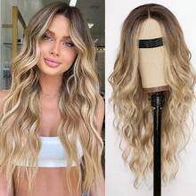 Ombre Highlight Long Curly Wig, European American Middle Part Big Wave Synthetic Full Wig For Women - 黑色 - 查看 1