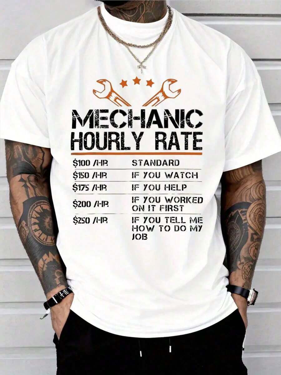 Camiseta de Regalo Divertida para Mecánicos PAYEAH con Estampado de Tarifas por Hora, 100% Algodón Resistente - Blanco - Ver 1