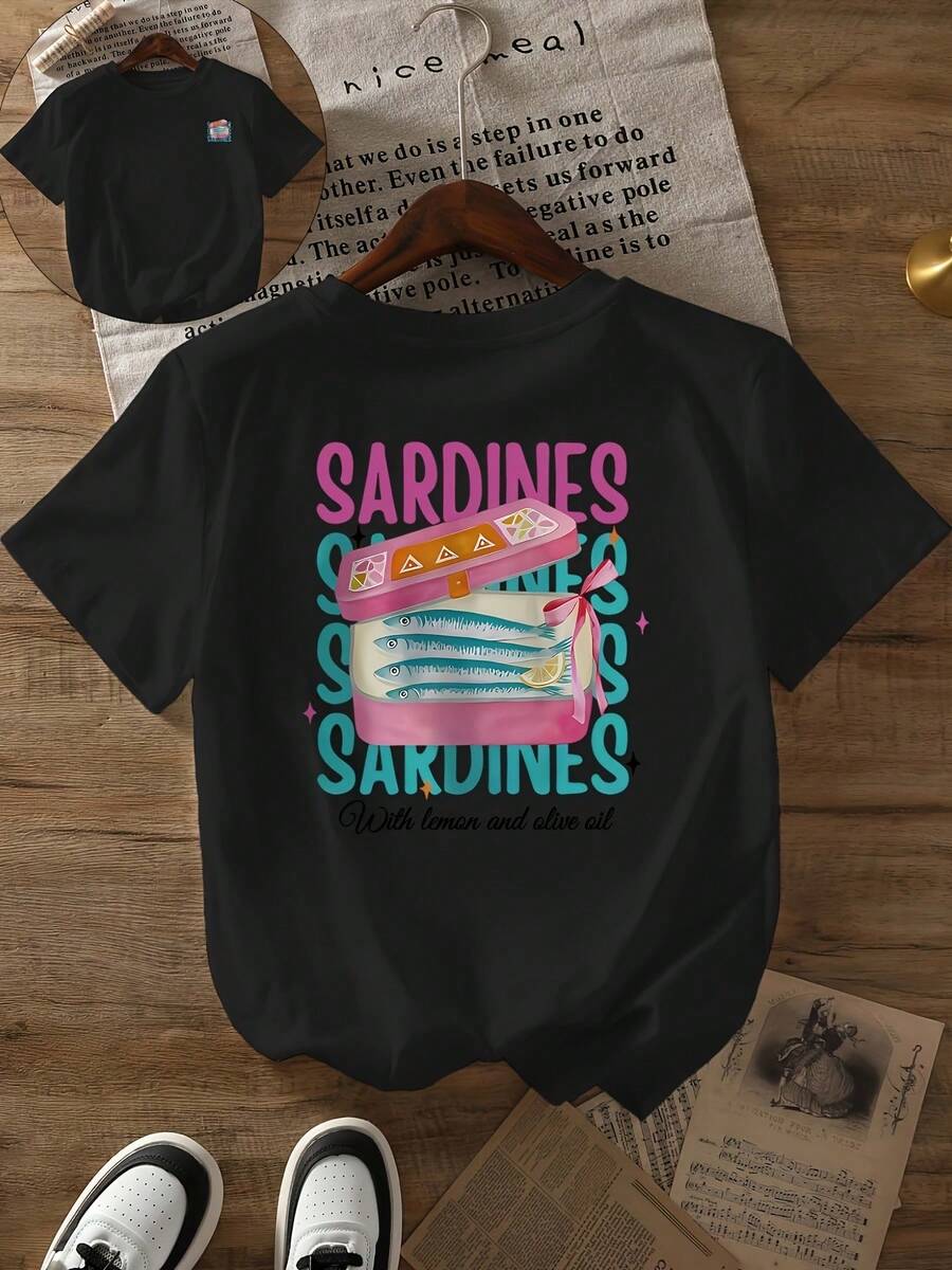 Plus Size, Plus Size T-Shirt With Fresh Design, Sardine, Lemon And Olive Oil Pattern, Short Sleeves, Round Neck, Casual Shirt, Spring And Summer Style, Plus Size Women's Clothing.Summer Tops - Black - View 1