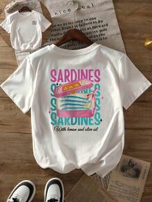 Plus Size, Plus Size T-Shirt With Fresh Design, Sardine, Lemon And Olive Oil Pattern, Short Sleeves, Round Neck, Casual Shirt, Spring And Summer Style, Plus Size Women's Clothing.Summer Tops - White - View 2