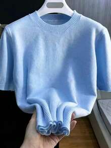 Men's Casual Versatile Solid Color Short Sleeve Knit Top, Suitable For Daily Wear And Commuting - Dusty Blue - View 2