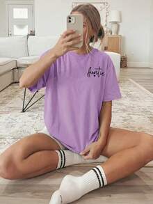 Women's T-Shirt With Double-Sided Front/Back Print - Short Sleeve, Round Neck, Casual Style, Suitable For Casual Wear, Machine Washable, With "Auntie" And Heart Print, Non-Blouse Style For Layering Or Wearing As A Top, 100% Cotton - 紫色 - 查看 4