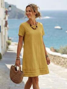 Vestido casual de mujer de manga corta, cuello redondo, unicolor, holgado y de largo medio, para verano - Amarillo - Ver 6