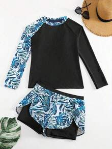Conjunto de tankini de traje de baño de manga larga con estampado tropical y patchwork para vacaciones de verano en la playa - Multicolor - Ver 1