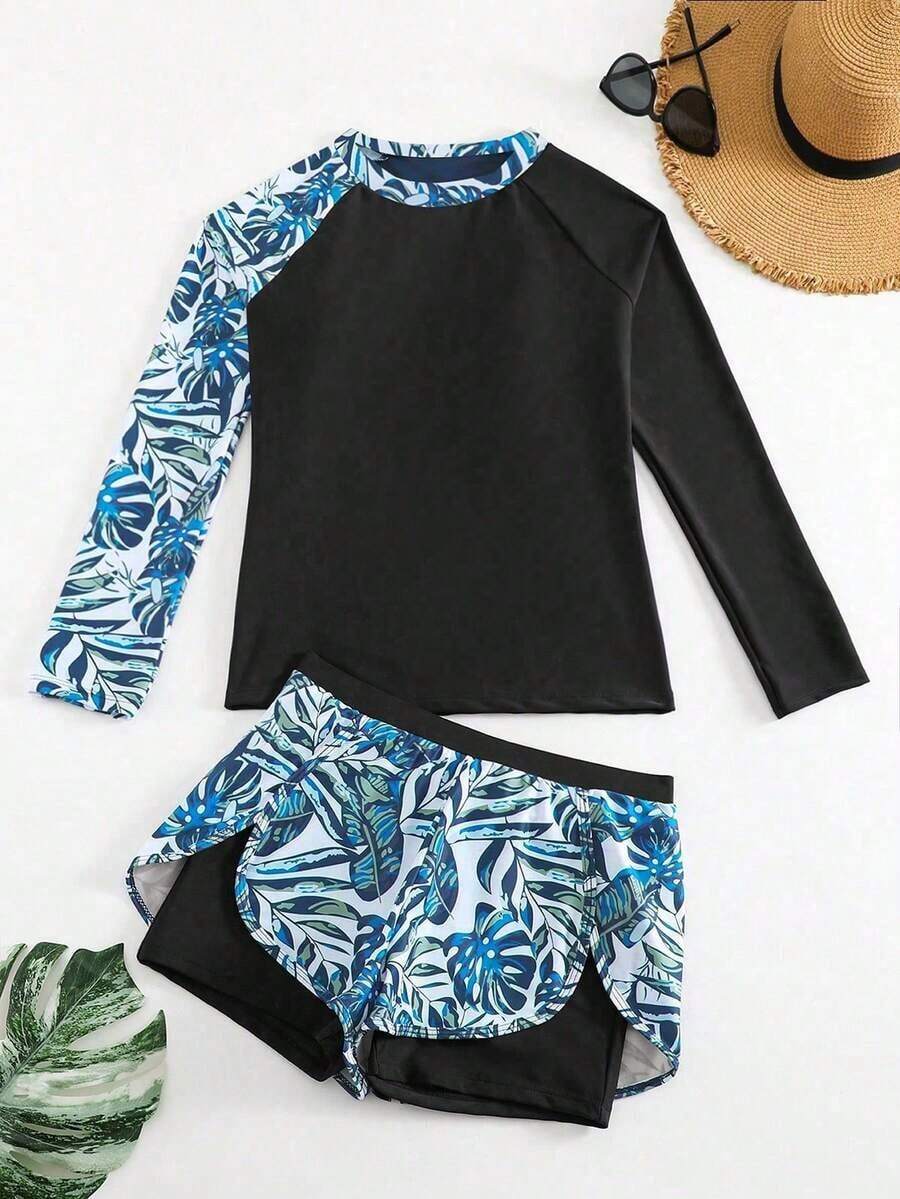 Conjunto de tankini de traje de baño de manga larga con estampado tropical y patchwork para vacaciones de verano en la playa - Multicolor - Ver 1
