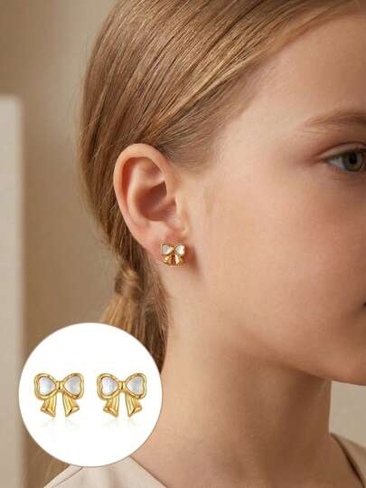 1 par de pendientes de perla falsa de madre con lazo dorado para niñas, joyería vintage delicada para perforación, ideal para salidas casuales, bailes de graduación, fines de semana y vacaciones. Realza el estilo elegante y es un regalo de amistad ideal.