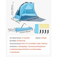 Beach Tent Sun Shelter For 4 Person, Pop Up Beach Tent UPF 50+ Protection, Portable Sun Shade Canopy With Carrying Bag And Sand Pockets, Easy Setup Umbrella For Camping Fishing Outdoor Picnic - for 4 Person, Pop Up - 查看 11