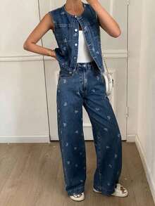 2 piezas Conjunto de chaleco sin mangas casual con estampado de moño y pantalones vaqueros sueltos de verano para mujer - Azul lavado medio - Ver 3