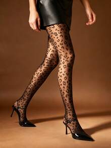 1 Pair Black Sheer Tights With Leopard Print Flattering Fit Sexy Cute Fashionable Chic For Daily Date Spring Fall Party - Multicolor - View 3