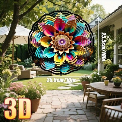 1个3D“彩色宇宙花”摆件，尺寸25.5厘米/10英寸*25.5厘米/10英寸，带旋转挂钩，可360°旋转DIY创意风车装饰，适用于阳台和花园，款式多样（不含吊坠），春夏款
