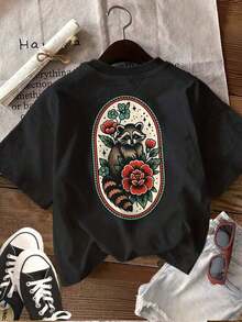 Women's LingK Cotton T-Shirt, Double-Sided Raccoon And Flowers, Vintage Crew Neck For Spring And Summer. - 黑色 - 查看 2
