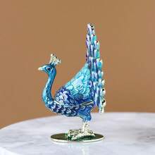 SUSUZUKU 1pc New Peacock Feather Jewelry Box, Enameled & Studded With Diamonds, Peacock Jewelry Box For Home Decor, Metal Craft, Peacock Feather Jewelry Box For Entryway, Tabletop Decorative Box, Ring Storage Box - Peacock - View 4