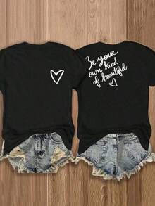 Tops de Primavera  Camiseta de Verano Casual para Mujer con Estampado de Corazones y Letras, Cuello Redondo, Holgada y Cómoda, Transpirable y Confortable - Negro - Ver 9