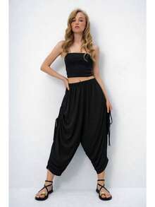 Women's Casual Fashion Street Chic Daily Commute Solid Color Drawstring Pleated Knot Cropped Skinny Pants - Black - View 1