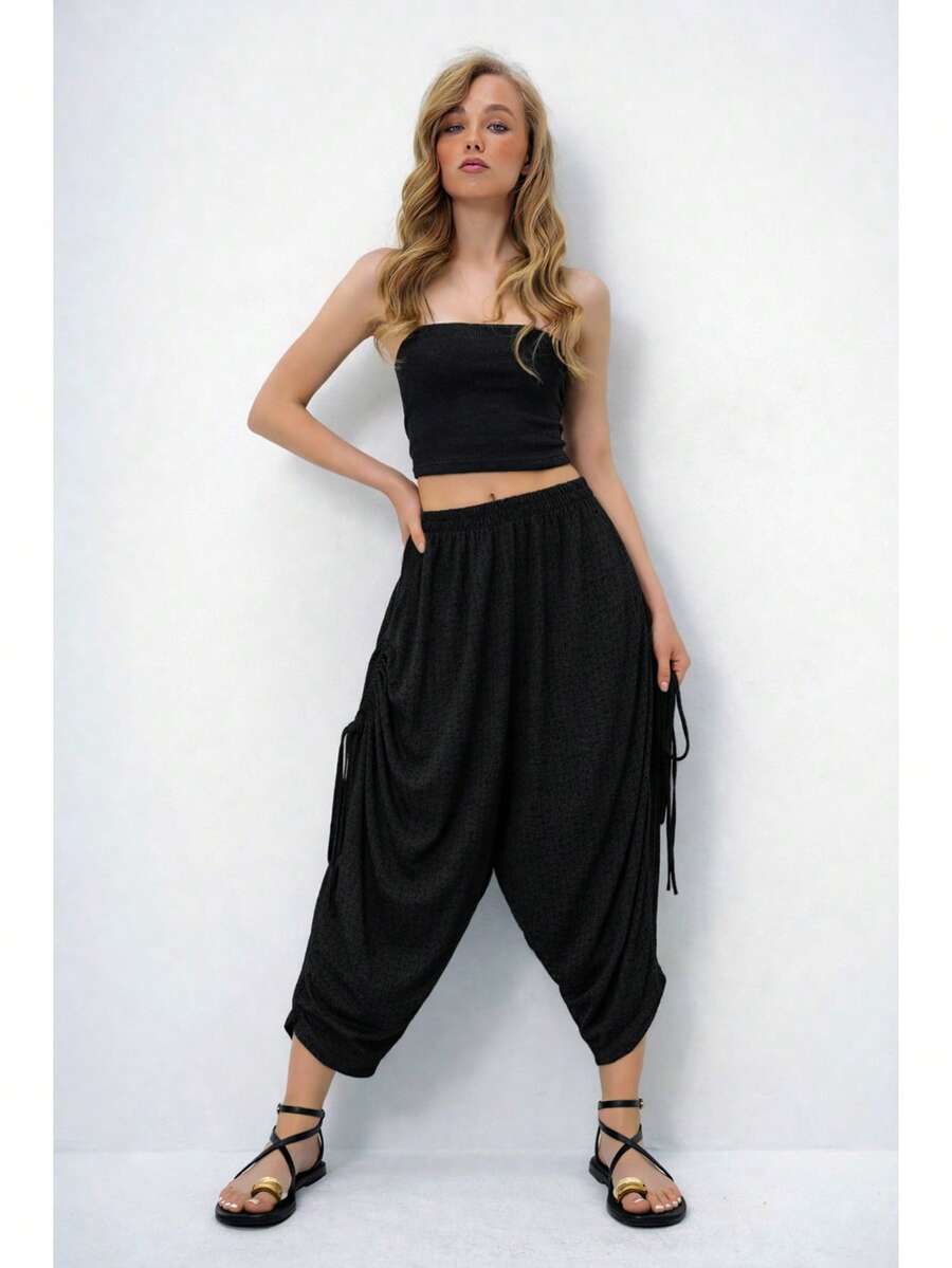 Women's Casual Fashion Street Chic Daily Commute Solid Color Drawstring Pleated Knot Cropped Skinny Pants - Black - View 1