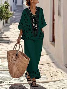 Conjunto de 2 piezas de blusa con escote en V estampado de lunares y pantalones rectos y sueltos de pierna ancha, conjunto de vestir casual para vacaciones para mujeres - Multicolor 6 - Ver 5