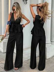 Conjunto de top de tirantes de mezclilla con volantes y pantalones de mezclilla para mujer, ideal para el verano, primavera, Día de San Valentín, carnaval, viajes, graduación, estilo Y2K, fiesta, boda, negocios casuales.Incluye top con cintura con cordón y pantalones de corte holgado. - Negro - Ver 1