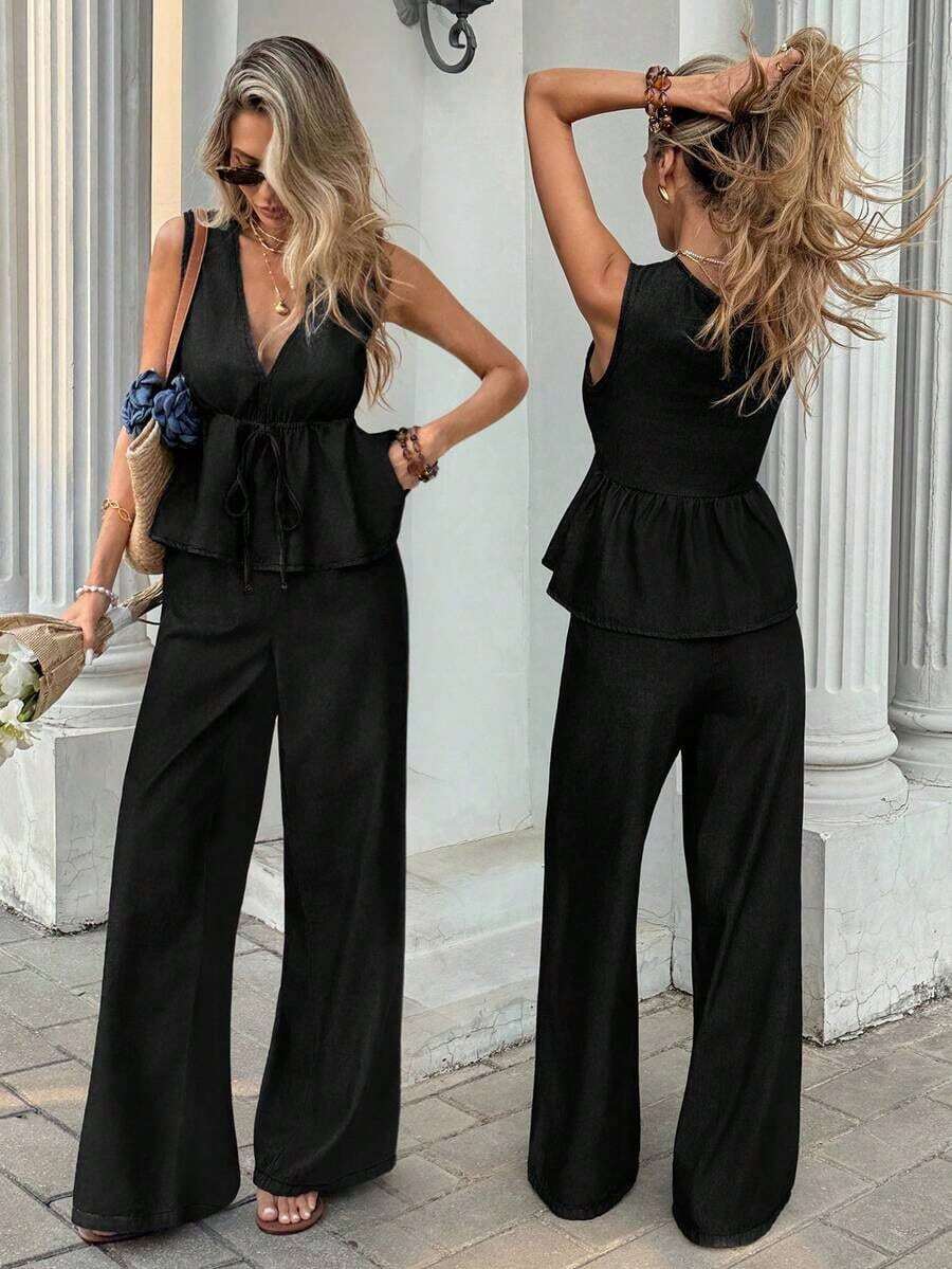 Conjunto de top de tirantes de mezclilla con volantes y pantalones de mezclilla para mujer, ideal para el verano, primavera, Día de San Valentín, carnaval, viajes, graduación, estilo Y2K, fiesta, boda, negocios casuales.Incluye top con cintura con cordón y pantalones de corte holgado. - Negro - Ver 1