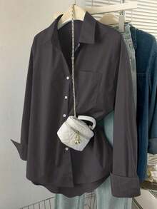 Camisa casual de manga larga de un solo pecho y holgada de unicolor para mujer, otoño - Gris Claro - Ver 1