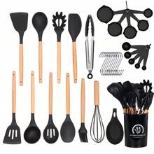 Silicone Kitchen Cooking Tools, Heat-Resistant And Non-Stick Wooden Handle Kitchen Utensils, Including Whisk, Spatula, And Brush (White) - Multicolor - View 2