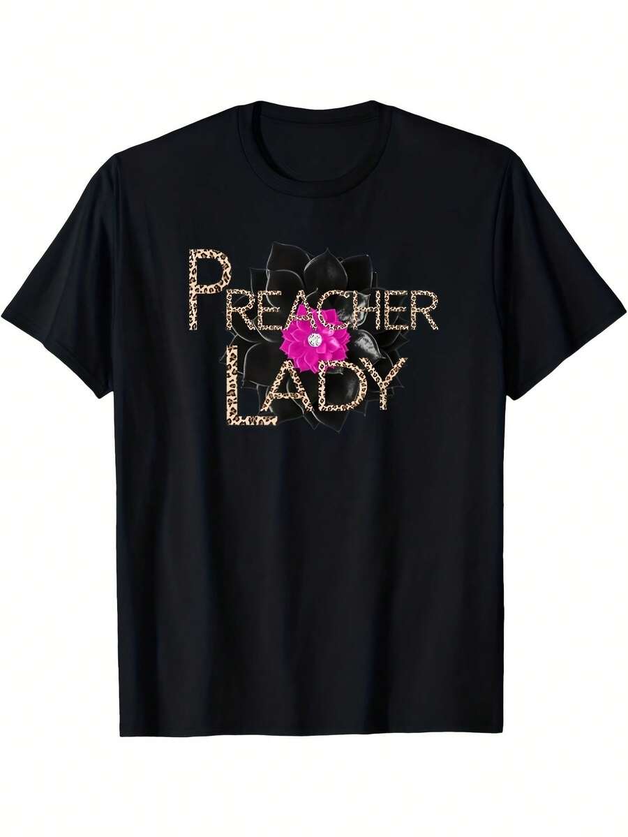 Camiseta de Mujer con Estampado de Leopardo para Pastoras - Top Casual de Manga Corta y Cuello Redondo con Gráficos en Negro y Rosa, Ropa para Misioneras de Iglesia, Apta para Todas las Temporadas, Ideal para Eventos Religiosos y Atuendos Casuales, Estilo Elegante, Talla S [Mismo Estilo para Hombres y Mujeres, Estampado de Manga Corta Verano 2026] - Negro - Ver 1