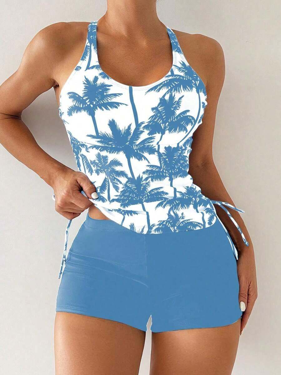 Bikini Estilo Chaleco Estampado Con Palmeras Para Mujer, Para Carnaval - Celeste - Ver 1