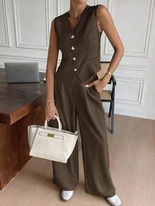 Conjunto de chaleco y pantalones casuales y de uso diario para mujer en otoño/invierno - Marrón Chocolate - Ver 5