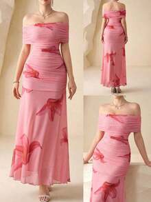 Vestido elegante de mujer con hombros descubiertos y cintura fruncida, perfecto para bodas, citas y ocasiones - Rosa 2 - Ver 9