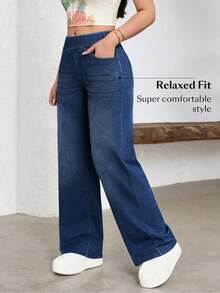 FlexDen Pantalones vaqueros de pierna ancha, estilo casual deportivo, con elástico para mujer - Niebla azul - Ver 5