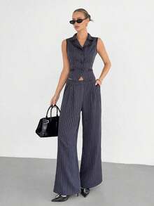Traje de chaleco y pantalones con ribete de contraste elegante para mujer, todos los atuendos para mujer, de vuelta a la escuela, atuendos de maestra para mujer, vestido de invitada de boda elegante, casual de negocios para mujer, vestido de in - Azul marino - Ver 5