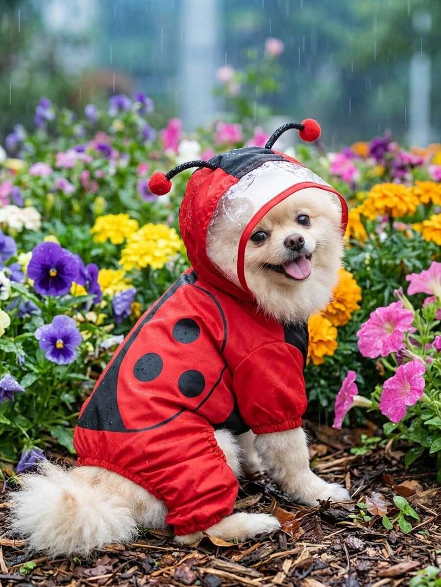 可愛動物造型寵物狗雨衣，連帽防水狗衣，附透明面罩與反光條，鴨子、青蛙、鯊魚、兔子、瓢蟲設計，3D逼真動物造型，全方位四腿防泥設計，按扣式穿脫方便
