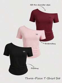 Camiseta casual de mujer con cuello asimétrico y decoración de cuentas, para verano - Multicolor - Ver 1