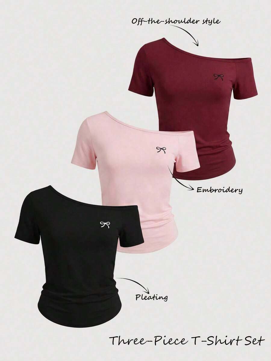 Camiseta casual de mujer con cuello asimétrico y decoración de cuentas, para verano - Multicolor - Ver 1