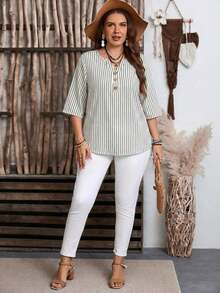 Camisa de mujer de estilo minimalista casual con microrayas azules, adecuada para primavera/verano, con vibra de resort - Multicolor 5 - Ver 3