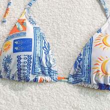 Swim Mod Women's Summer Beach Moon Print Halter Neck Tie Bikini Top - Multicolor - Ver 5