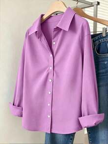 Camisa casual de mujer de un solo pecho de manga larga con hombros caídos y unicolor - Morado - Ver 6