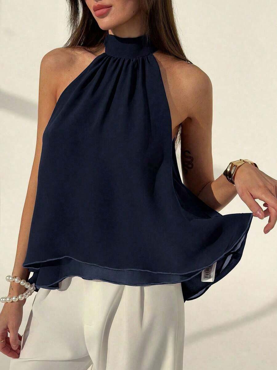 Camiseta sin mangas de gasa con cuello halter, fruncida y con línea A, de estilo bohemio minimalista y sexy, color morado berenjena, para primavera/verano - Azul marino - Ver 1