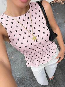 Blusa de lunares elegante y lujosa, blusa de verano azul elegante con fruncidos para mujeres, conjunto sexy con volantes y dobladillo fruncido, top corto sin mangas para vacaciones y playa, camisa de lunares con textura de moda - Rosa - Ver 8