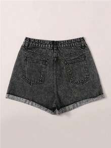 Pantalones cortos vaqueros de cintura alta enrollados para el verano - Gris - Ver 2