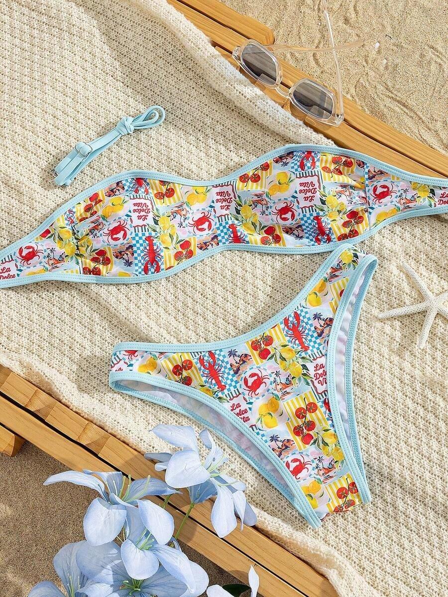 Set de 2 piezas Bikini bandeau con estampado floral rosa para mujer, con tirantes desmontables adecuado para vacaciones en la isla y sesiones de fotos en la playa en verano - Multicolor 12 - Ver 1