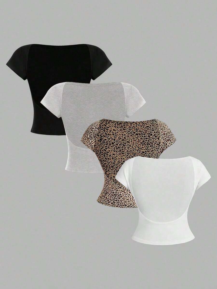 4 piezas Camisetas de mujer de cuello redondo, ajustadas, con espalda descubierta y diseño minimalista de patrones, adecuadas para el verano - Multicolor 12 - Ver 1