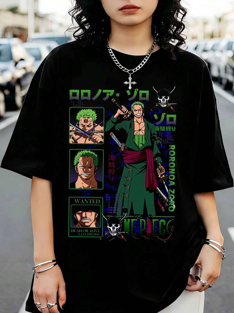 Roronoa Zoro Wanted Collage T-Shirt, Graphic T-Shirt, Casual Top For Zoro Fans - Black - View 1