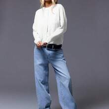 Button Up Crew Neck Cardigan For Spring Y2K 90's Casual Cute Oversized Tee Airport Outfits Fall Back To School Autumn Winter Everyday Christmas Work Office - Blanco - Ver 5