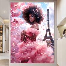 Enmarcado Lienzo decorativo plano 2D, 1 unidad, con marco de . Elegante  con marco de la Torre Eiffel y flores rosas.  con temática parisina de ensueño. Decoración para el hogar y la sala de estar. Ideal para cumpleaños, graduaciones y regalos de Año Nuevo. Listo para colgar. 40 x 60 cm (16 x 24 pulgadas). - Enmarcado - Ver 1