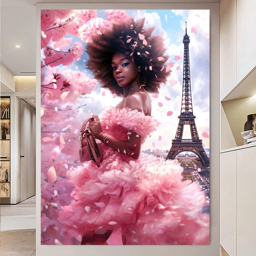 Enmarcado Lienzo decorativo plano 2D, 1 unidad, con marco de . Elegante con marco de la Torre Eiffel y flores rosas. con temática parisina de ensueño. Decoración para el hogar y la sala de estar. Ideal para cumpleaños, graduaciones y regalos de Año Nuevo. Listo para colgar. 40 x 60 cm (16 x 24 pulgadas). - Enmarcado - Ver 1
